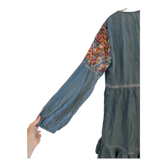 Boston Proper Beaded Long Sleeve Chambray Ruffle Hem Mini Dress Size 12 - Picture 4 of 12